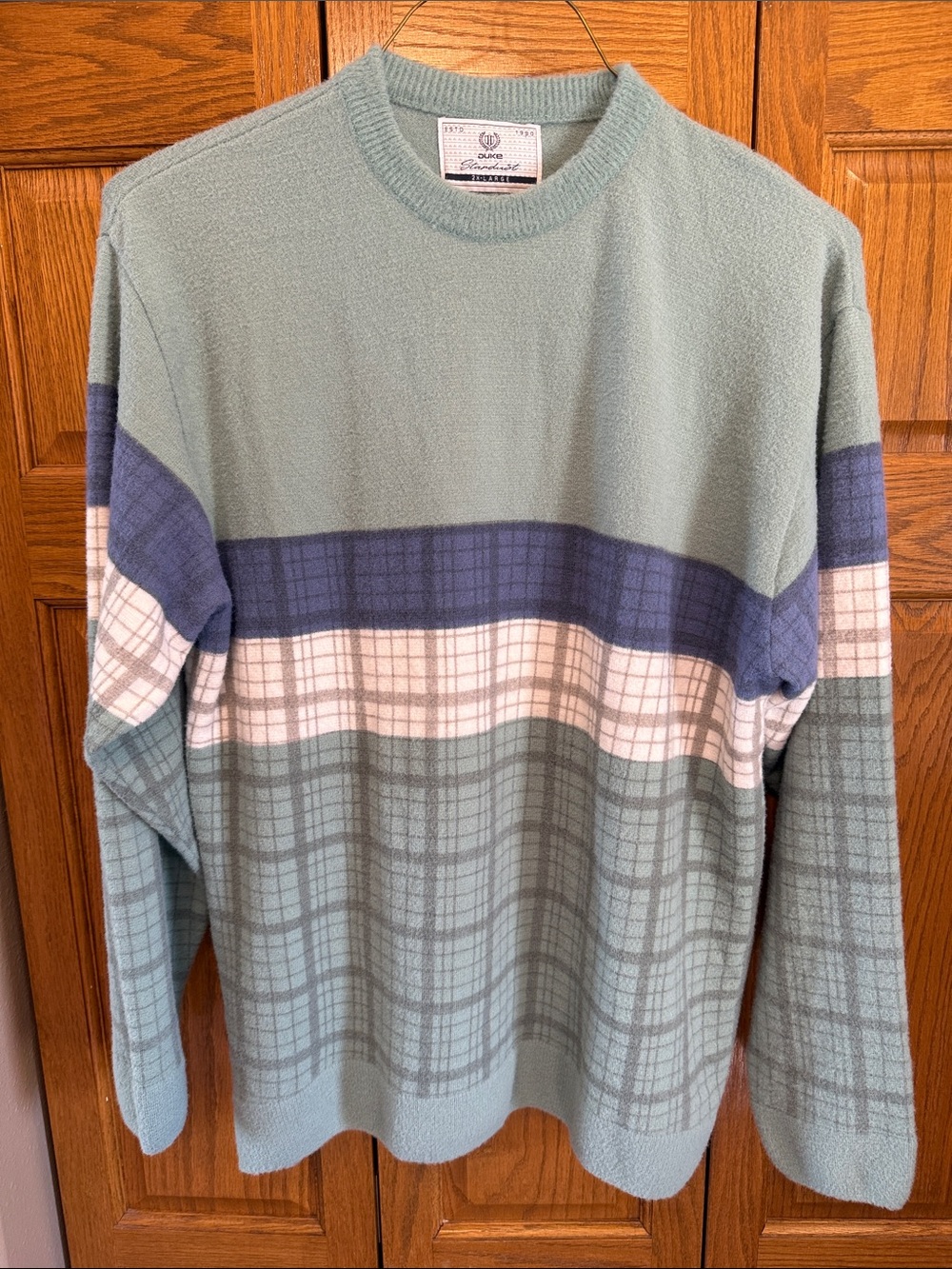 Duke Soft Plaid Crewneck Sweater in Seafoam Green and Navy-Super Soft Material